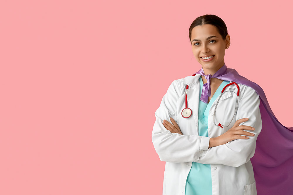 female doctor in superhero costume