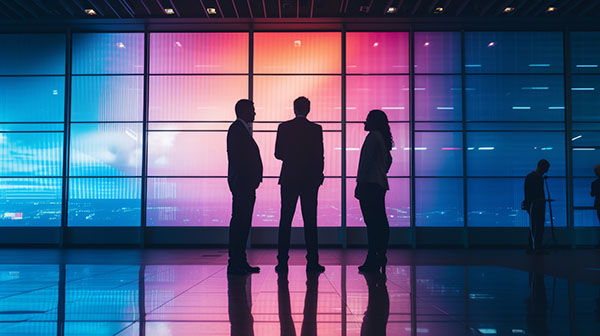 Small to medium sized business owners meeting in front of indigo backdrop